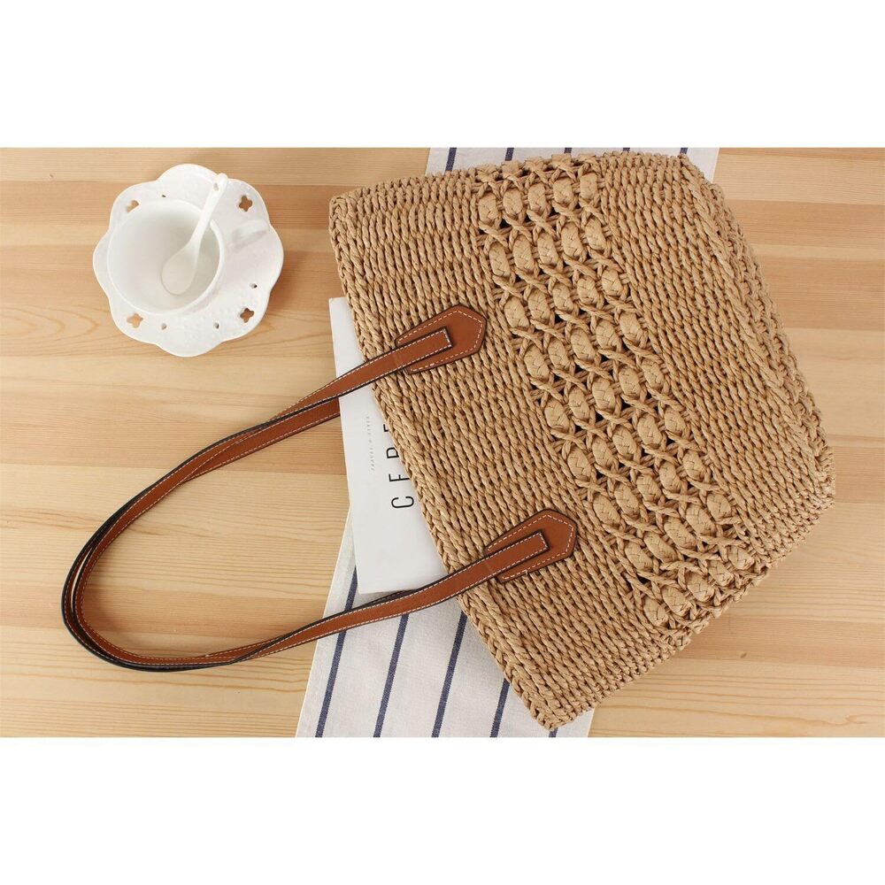 6814 Straw Tote Bag Handbag Summer Straw Beach Bag Tote Purse Handwoven - Picture 2 of 7